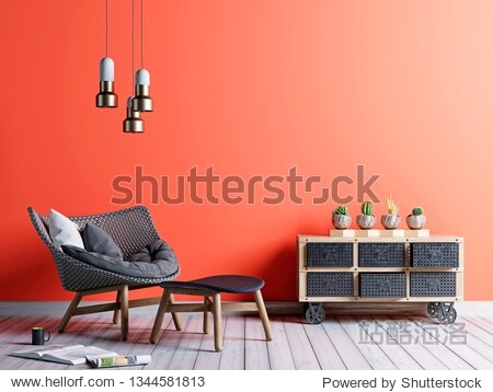 Living coral wall in hipster style living room with armchair and vintage chest of cacti. living coral background. 3d rendering