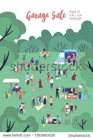 Flyer or poster template for garage sale  outdoor festival  summer fair with food trucks  people buying and selling clothes in park. Flat cartoon vector illustration for event announcement  promo.
