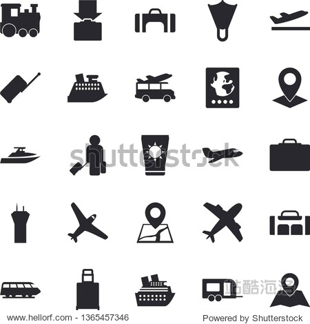 Solid vector icon set - location flat vector sport bag aircraft fector train trailer airport tower luggage suitcase passport departure get sun protection cream flippers transfer yacht