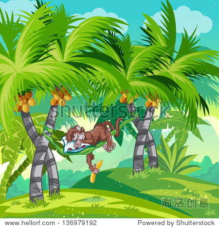 childrens illustration of the jungle with a sleeping monkey.