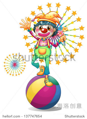 illustration of a female clown above the colorful ball on a