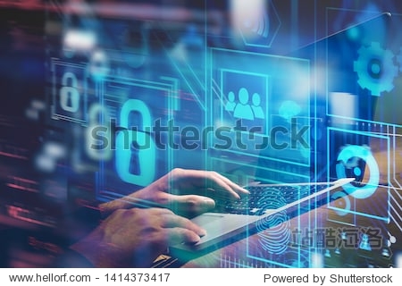 Hands typing on laptop computer at table with double exposure of online security virtual interface. Concept of data protection and blockchain. Toned image blurred