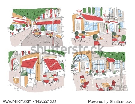 Set of colorful freehand drawings of sidewalk cafe or restaurant on city street. Colored sketches of tables and chairs standing outside of antique buildings. Beautiful hand drawn illustration
