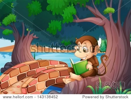 illustration of a monkey reading a book under the big tree near