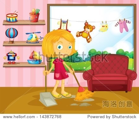 illustration of a girl sweeping inside the house