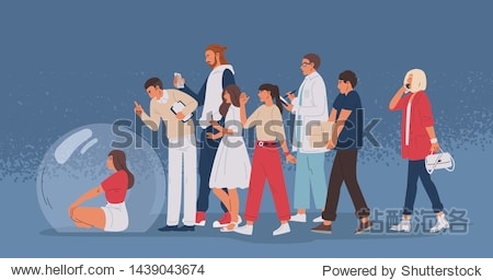 Young woman sitting inside transparent glass bubble and crowd of people. Concept of separation from society social isolation or solitude unsocial person. Flat cartoon colorful vector illustration. Young woman sitting inside transparent glass bubble and crowd of people. Concept of separation from society social isolation or solitude unsocial person. Flat cartoon colorful vector illustration.