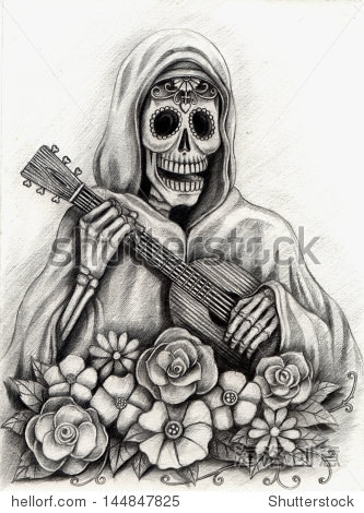 art skull day of the dead. hand drawing on paper.