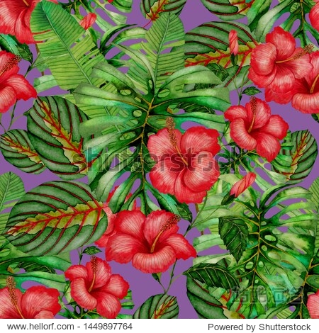 watercolor seamless pattern with tropical plants.