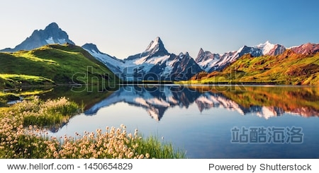 Sunrise view on Bernese range above Bachalpsee lake. Highest peaks Eiger Jungfrau and Faulhorn in famous location. Switzerland alps Grindelwald valley