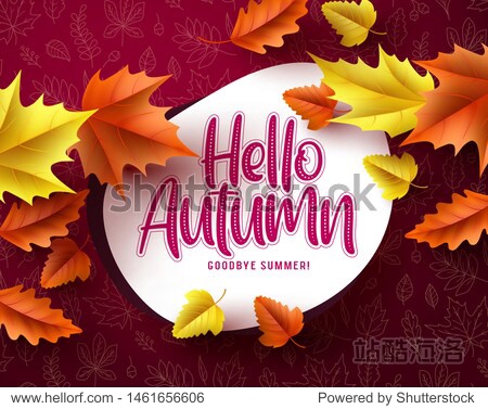 Hello autumn vector banner greeting template. Hello autumn text in white space with seasonal dry maple leaves falling in red pattern background. Vector illustration.