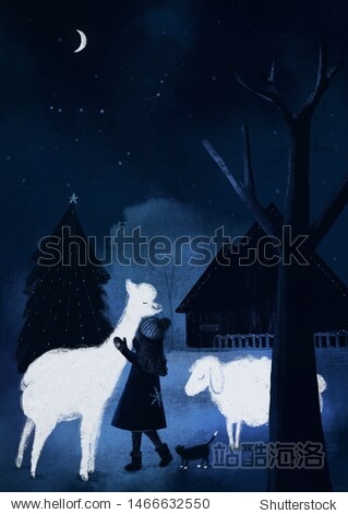 Christmas night on the farm. Girl hugs a lama standing cat and sheep. Decorated village house and Christmas tree. Hand drawn greeting card.