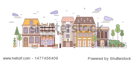 View of city or town street with exquisite antique residential buildings of European architecture. Urban landscape or cityscape with living houses. Colorful vector illustration in linear style.
