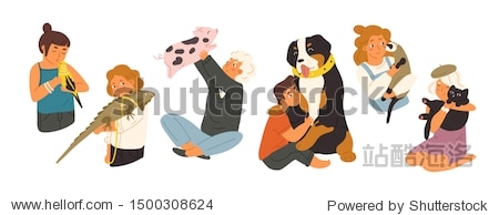 Children with pets flat vector illustrations set. Happy domestic animals owners cartoon characters pack. Kids playing with different home pets. Mountain dog  mini pig  cute budgerigar and ferret.