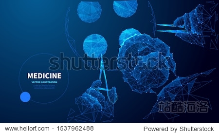 Medicine low poly wireframe vector banner template. Polygonal surgeon in operating room. Surgery 3D mesh art. Emergency help healthcare. Medic with surgical tool illustration with connected dots