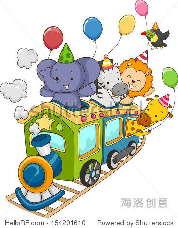 jungle animals holding party balloons riding a locomotive train