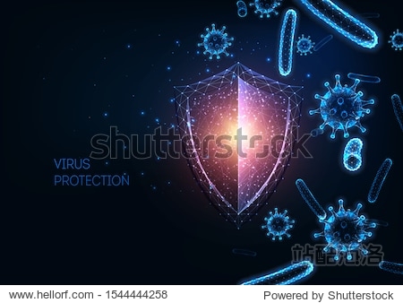 Futuristic immune system protection from infectious diseases concept with glowing low polygonal shield virus and bacteria cells on dark blue background. Microbiology immunology. Vector illustration.