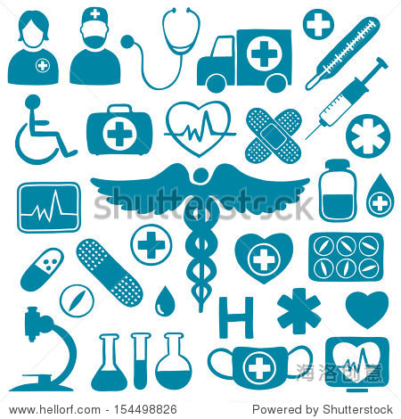 blue medical icons on white with healthcare symbols: tubes