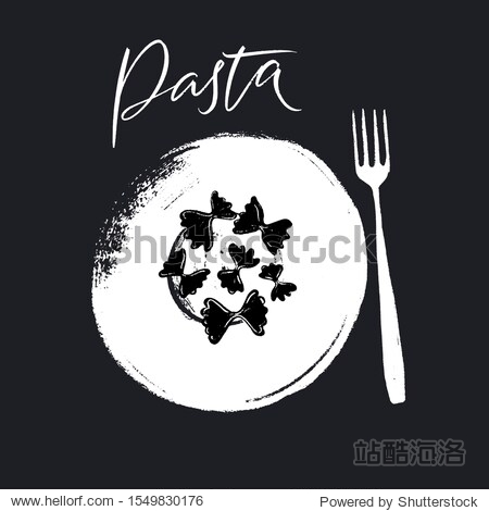 Pasta word - handwritten calligrahy and hand drawn plate served with fork and farfalle. Design element for menu poster for lunch in italian restaurant cafe pasta bar