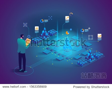 Vector isometric concept of Data analysis. Network mainframe infrastructure website layout. Technician in datacenter or data center room background. Computer storage or farming workstation.