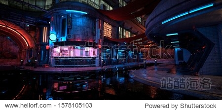 Neon night in a futuristic city. Photorealistic 3D illustration. Wallpaper in a cyberpunk style. Empty street with neon lights reflecting in a water. Beautiful night cityscape. Grunge urban landscape.