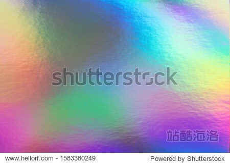 Abstract trendy rainbow holographic background in 80s style. Blurred texture in violet  pink and mint colors with scratches and irregularities. Pastel colors.