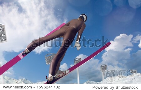 Skier in flight on competition. Winter sport.