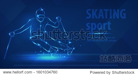 Skiing speed race skating sport. Ice skiing race. Blue neon horizontal banner. Olympic winter games. Man extreme figure. Snow track ski blue neon winter sport vector background.