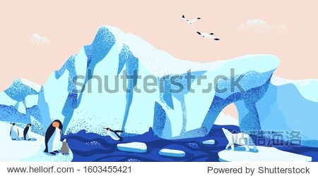 North pole  arctic ice landscape flat vector illustration. Beautiful antarctic scenery with local fauna. Glacier panorama with emperor penguins  polar bear and seagulls. Boreal climate inhabitants.