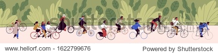 People ride bicycling at bicycle parade vector flat illustration. Active cartoon person cycling on bike path at green nature background. Concept of healthy lifestyle  sports and outdoor recreation.
