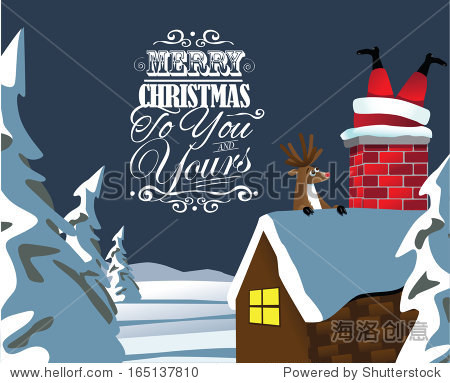 reindeer sees santa stuck in the chimney christmas card design.