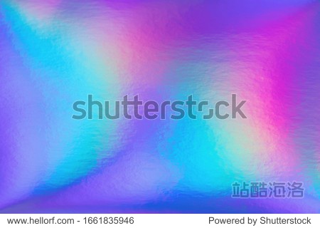 Abstract trendy rainbow holographic background in 80s style. Blurred texture in violet  pink and mint colors with scratches and irregularities. Bright neon colors.