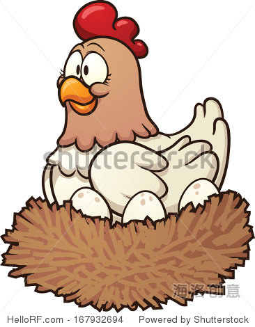cartoon hen with eggs on nest.