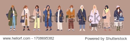Set of fashion woman in trendy clothes vector cartoon illustration. Collection of classy colorful street style outwear female isolated. Fashionable girl demonstrate winter spring and autumn clothing