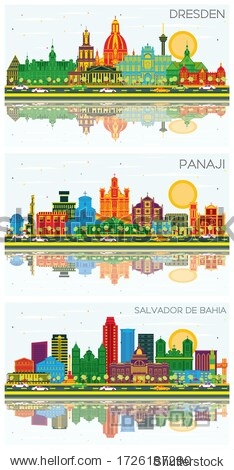 Panaji India Dresden Germany and Salvador de Bahia Brazil City Skylines Set with Color Buildings Blue Sky and Reflections. Business Travel and Tourism Concept with Historic Architecture. Cityscapes.