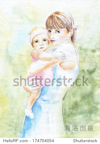 一位年轻的母亲抱着孩子在怀里.水彩插图.母亲和爱.健康的家庭.