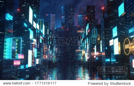 3D Rendering of billboards and advertisement signs at modern buildings in capital city with light reflection from puddles on street. Concept for night life  never sleep business district center (CBD)