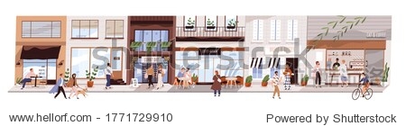 Small urban street with cafes and shops vector flat illustration. Happy man woman and couples walking on modern city panorama. Buildings coffeshop store showcase with people isolated on white