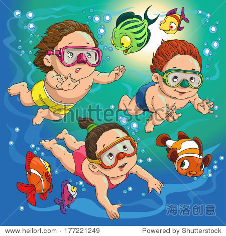 children swim in the sea with fish