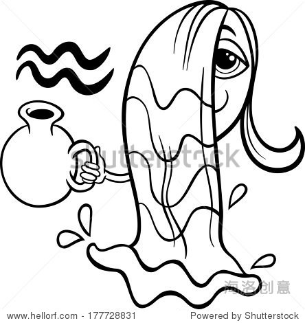 black and white cartoon illustration of aquarius or the water