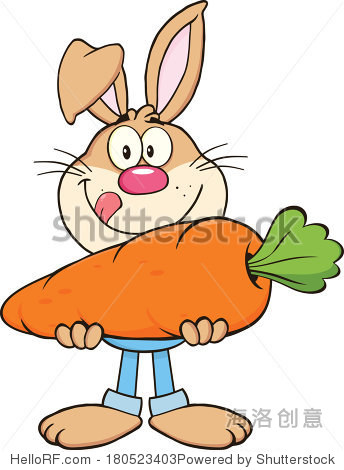 hungry rabbit cartoon character holding a big carrot.