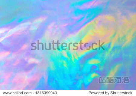  Abstract Modern pastel colored holographic background in 80s style. Crumpled iridescent foil textile real texture. 
