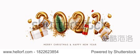 Happy New Year 2021. Golden metal number. Realistic 3d render sign. festive realistic decoration. Celebrate party 2021 Web Poster banner cover card brochure flyer layout design. White background