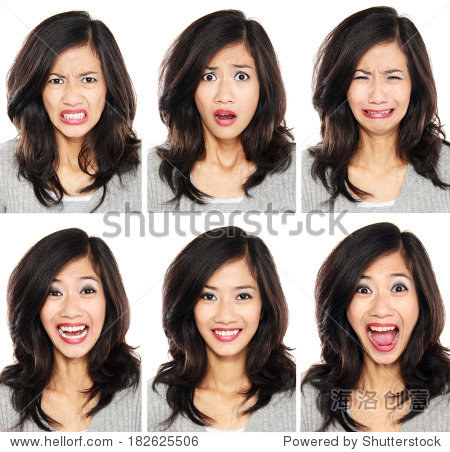 young woman with different facial expression face set isolated