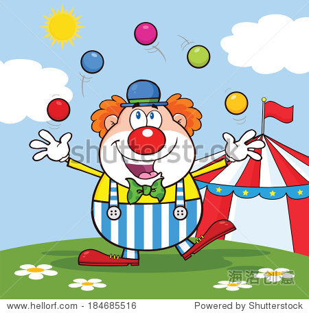 funny clown cartoon character juggling with balls in front of