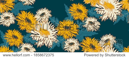 Seamless pattern with silhouette Chrysanthemum flowers in full bloom. Freehand floral ornate vector in trendy color on tidewater green. Hand drawn floral elements for textile fabric wallpaper.