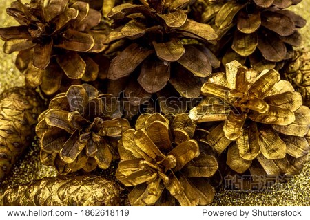 Christmas decorations with Pine Cone fortuna gold color as texture background. Hight quality photo