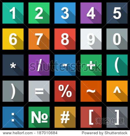numbers and math symbols flat icons set with long shadow