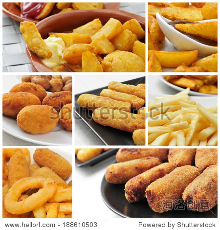 a collage of different fried food such as french fries croquette