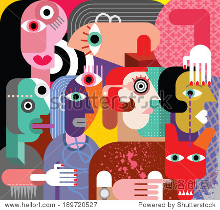 six women and dog - abstract art vector illustration.