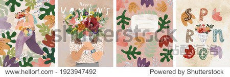 Women's day on March 8! Spring holiday. Vector illustration of a woman with a bouquet floral ornament and abstract background. Drawings for postcard card or congratulation